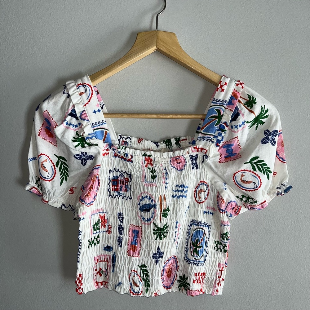 NWT Monteau Italy Seaside Scene Linen Blend Puff Sleeve Crop  Smocked Top Medium